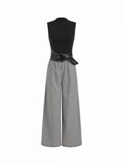 Cotton-blend Gingham High Neck Colorblock Mid Rise Wide Leg Jumpsuit With Belt