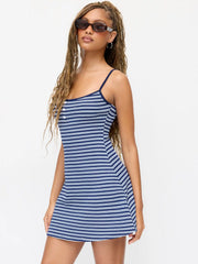 Knit Fabric Collarless Striped Mini Slip Dress