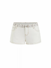 Washed Stretch Denim Low Rise Embroidery Detail Shorts
