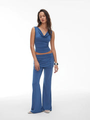 Cowl Neck Ruched Sleeveless Top & Low Rise Layered Flared Trousers Set