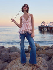 Stretch Washed Denim Low Rise Embroidery Flared Jeans