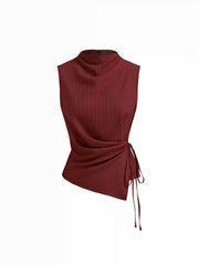 Stand Collar Texture Ruched Knotted Tank Top