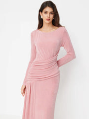 Round Neckline Solid Ruched Maxi Dress