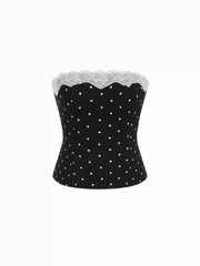 Cotton-blend Polka Dot Lace Trim Bandeau Top