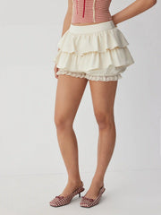 Mid Rise Ruffle Lace Trim Tiered Mini Skort