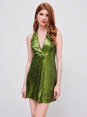 Sequin V-neck Halter Knotted Mini Dress