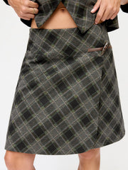 Wool-Look Low Rise Plaid Toggle Button Midi Skirt