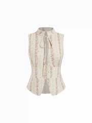 Cotton-blend Floral Stand Collar Tie-Neck Cami Top