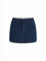 Stretch Denim High Rise Lace Trim Pencil Mini Skirt