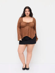 Jacquard Round Neckline Geometric Bowknot Ruffle Hem Oversized Top