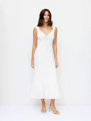 Linen-blend Sweetheart Lace Trim Tie Front Mermaid Maxi Dress