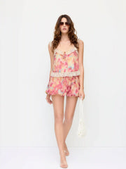 Chiffon Mid Rise Abstract Graphic Bubble Hem Shorts