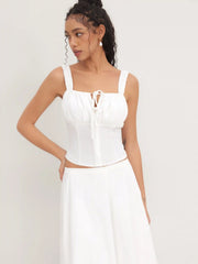 Square Neck Ruched Tie Front Crop Tank Top