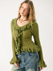 Wool-blend Knit V-Neck Lettuce Trim Ruffle Sleeve Cardigan