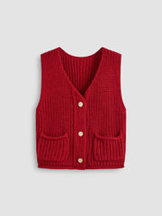 Knit V-neck Solid Metal Button Pocket Crop Vest