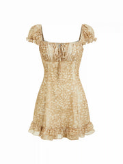 Chiffon Square Neck Puff Sleeve Ruched A-line Mini Dress