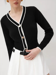 Knit V-neck Solid Contrasting Binding Button Cardigan