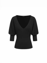 Cotton-blend V-neck Middle Lantern Sleeve Top