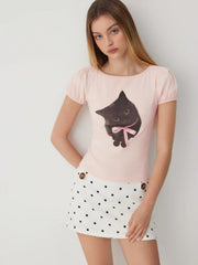 Cotton-blend Cat Print Boat Neck Puff Sleeve Top