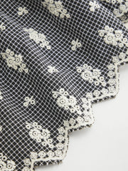 Cotton-blend Mid Rise Check Floral Embroidery Elastic Waist Tiered Maxi Skirt