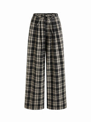 High Rise Elastic Waist Plaid Drawstring Wide Leg Trousers