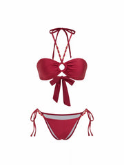 Halter Neckline Criss-Cross Bowknot Tie Side Bikini Set