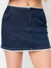 Stretch Denim High Rise Lace Trim Pencil Mini Skirt
