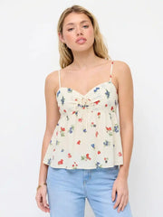Fruit Graphic Sweetheart Neck Knotted Ruched Babydoll Cami Blouse