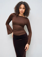Boat Neck Solid Ruched Long Sleeve Tee