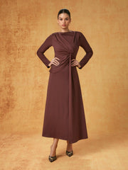 Boat Neck Asymmetrical Twist Ruched Maxi Dress