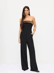 Leopard Faux Fur Trim Wide Leg Bandeau Jumpsuit