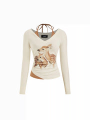 Deer Graphic V-neck Long Sleeve Two Tone Ruched Tee