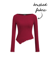 Brushed Fabric Boat Neck Long Sleeve Asymmetrical Hem Lettuce Trim Top