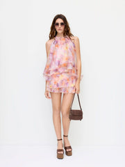 Mesh Mid Rise Floral Ruched Layered Mini Skirt