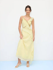 Chiffon V-neck Lace Trim Ruffle Hem Maxi Dress