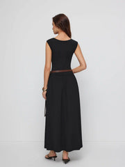 High Stretch Boat Neck Pocket A-line Maxi Dress With Belt