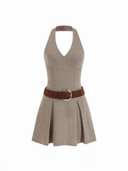 Houndstooth Halter Neckline A-line Mini Dress With Belt