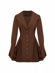 Collar V-neck Bell Sleeve Metal Button Ruffle Mini Dress