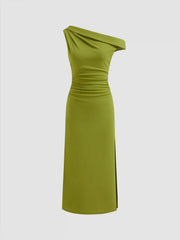 Asymmetrical Neck Ruched Split Maxi Dress