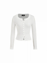 Cotton-blend Waffle Scoop Neck Metal Button Top