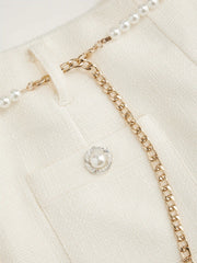 Tweed Mid Rise Solid Pearl Button Wide Leg Trousers With Waist Chain
