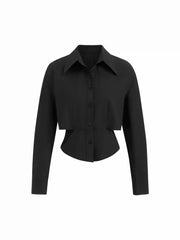 Collar Long Sleeve Button Shirred Cinched Waist Shirt