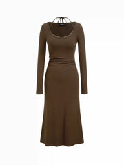 Halter Neckline Long Sleeve Lace Trim Ruched Midi Mermaid Dress