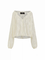 Lace Floral V-neck Ruffled Lantern Sleeve See-Through Blouse