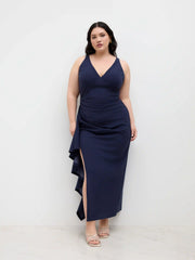 V-neck Asymmetrical Ruffle Hem Maxi Dress Curve & Plus