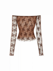 Lace Floral Off-shoulder Long Sleeve Lettuce Trim Top