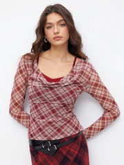 Plaid Cowl Neck Long Sleeve Top