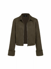 Suede Collar Long Sleeve Zip Through Jacket