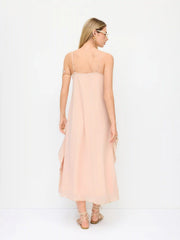 Chiffon V-neck Lace Trim Ruffled Straight Maxi Dress
