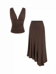 V-neck Ruched Backless Tank Top & Asymmetrical Hem Maxi Skirt Set